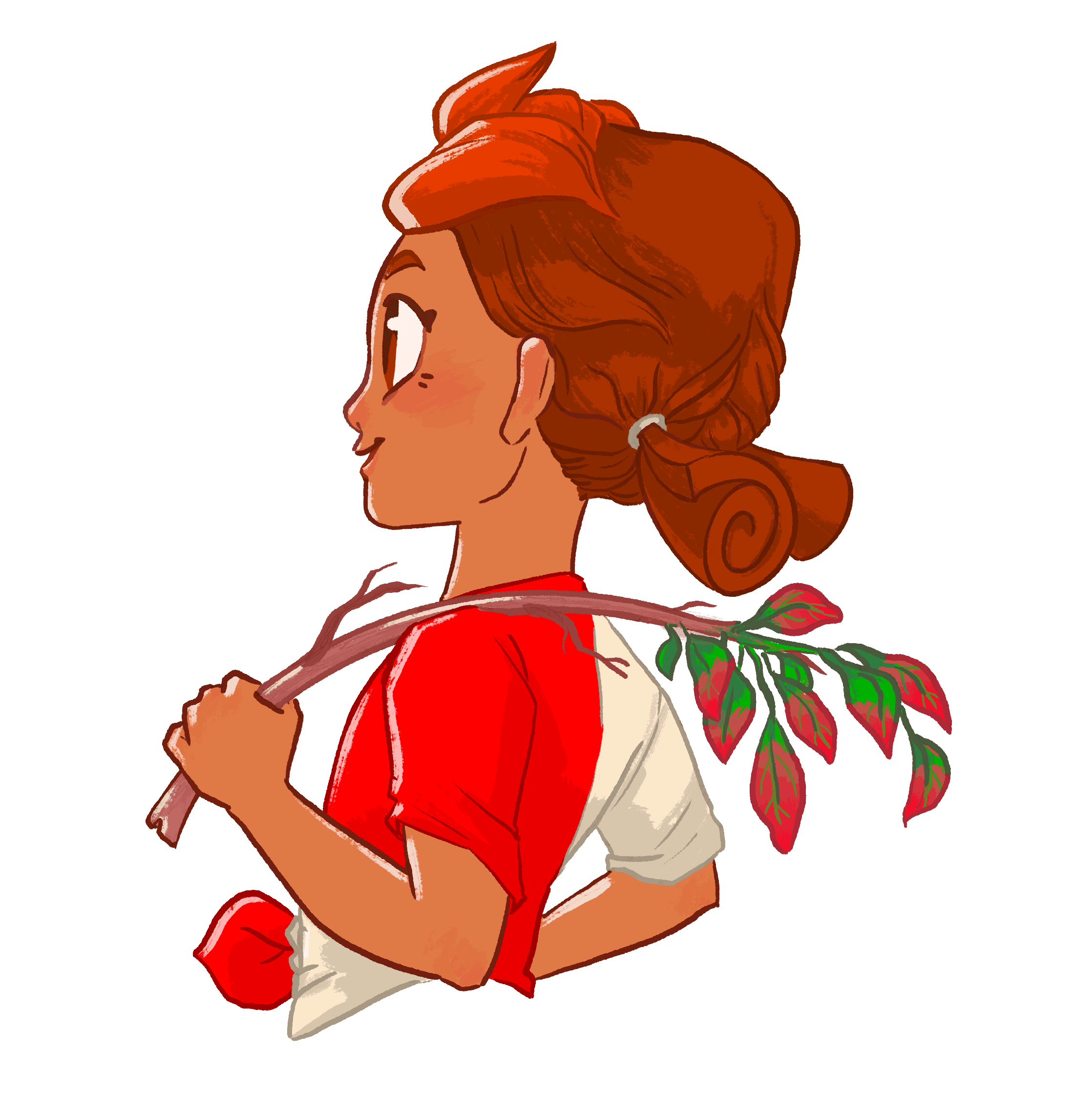 Cinnamon in profile, her ponytail curled like a cinnamon roll, carrying a branch of peppers over her shoulder