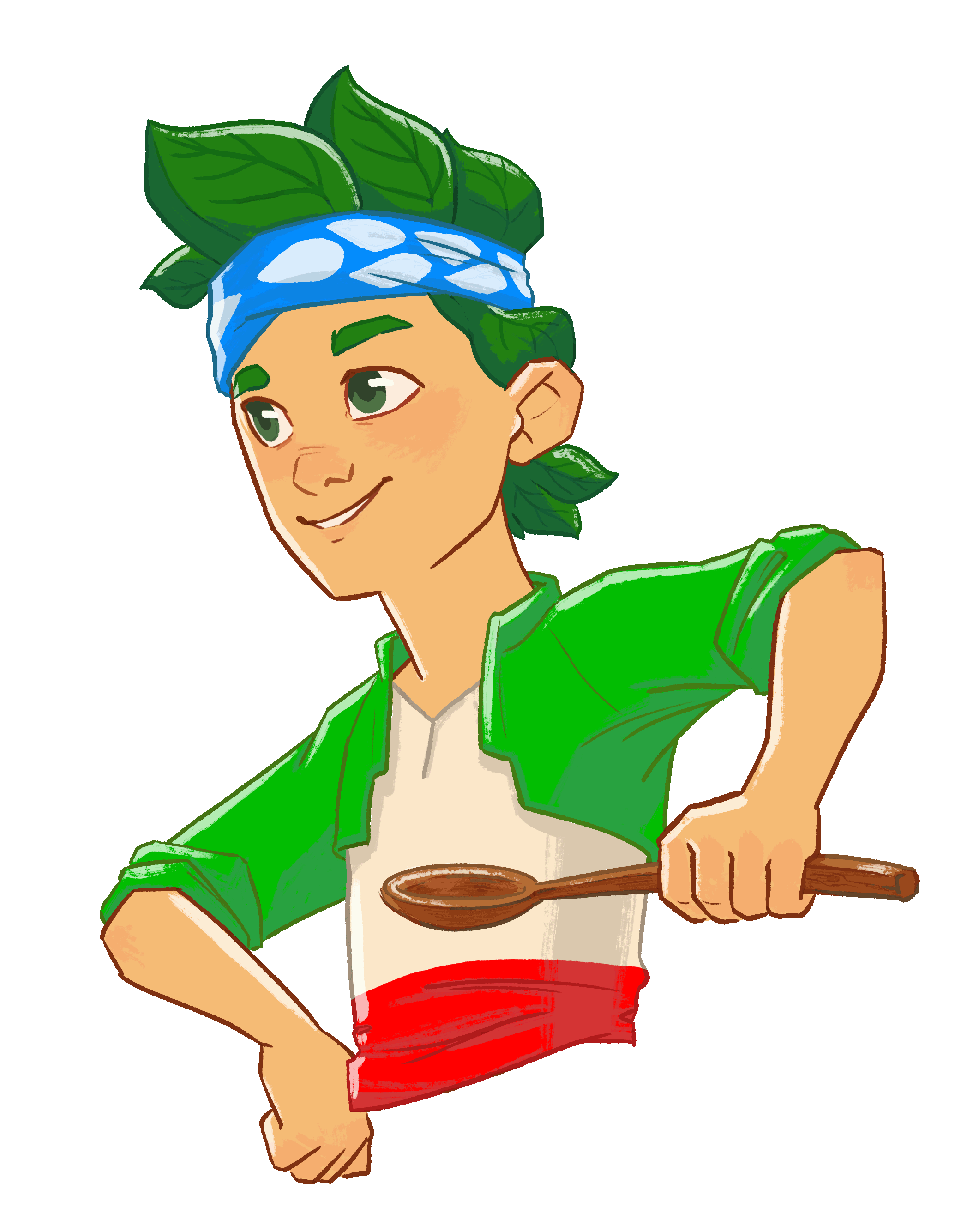 Oregano, a green-haired boy in a patterned blue headband, holding a bowl of fresh oregano