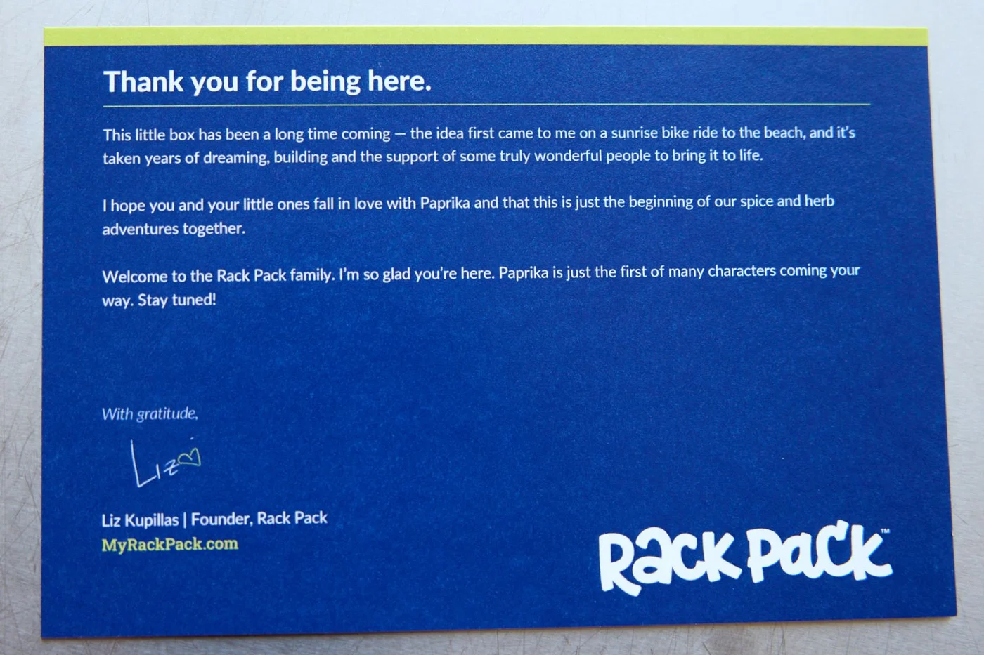 The signed thank-you card from the founder, included in every kit