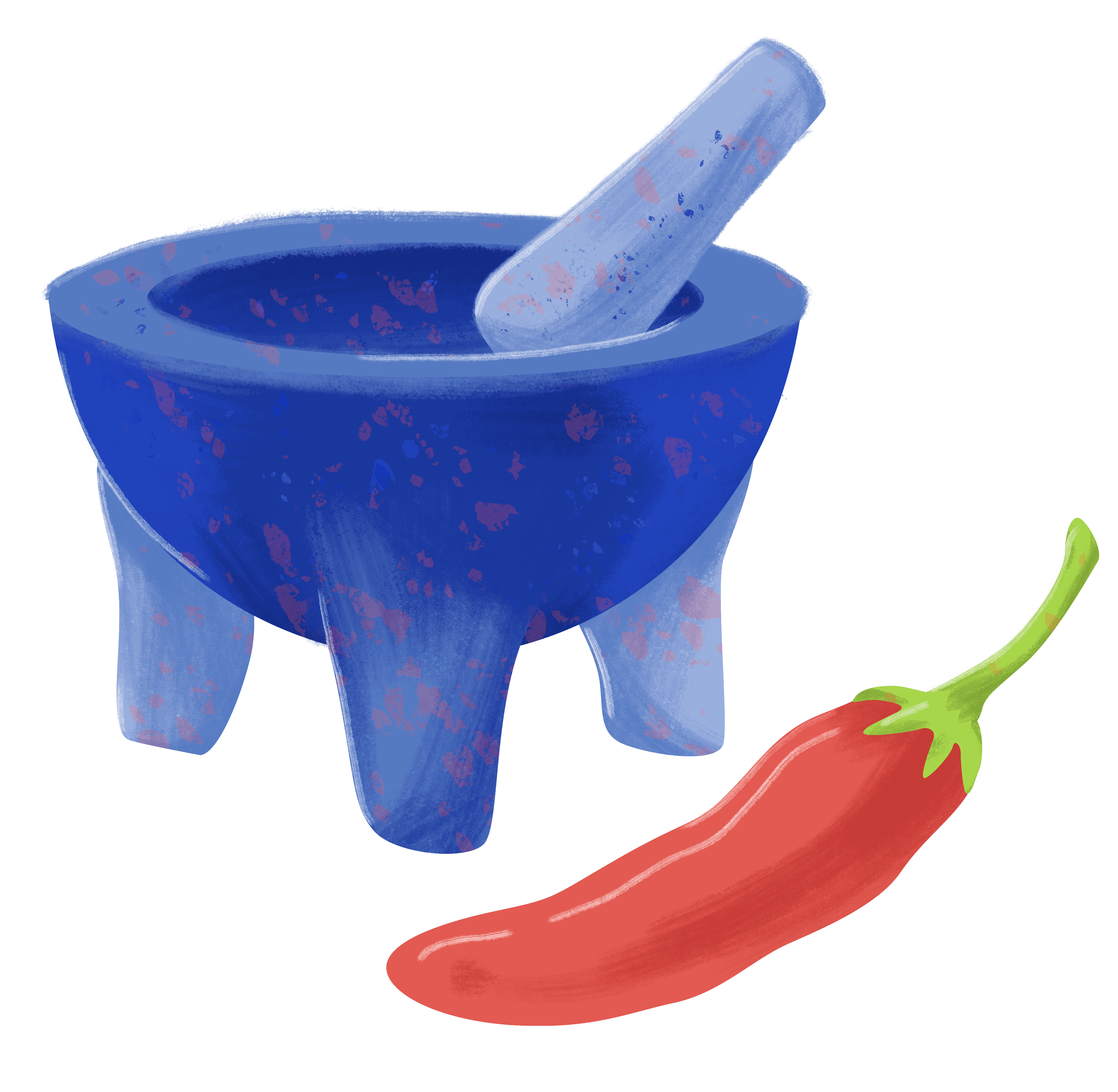 Paprika's molcajete and pestle, with a red pepper beside it